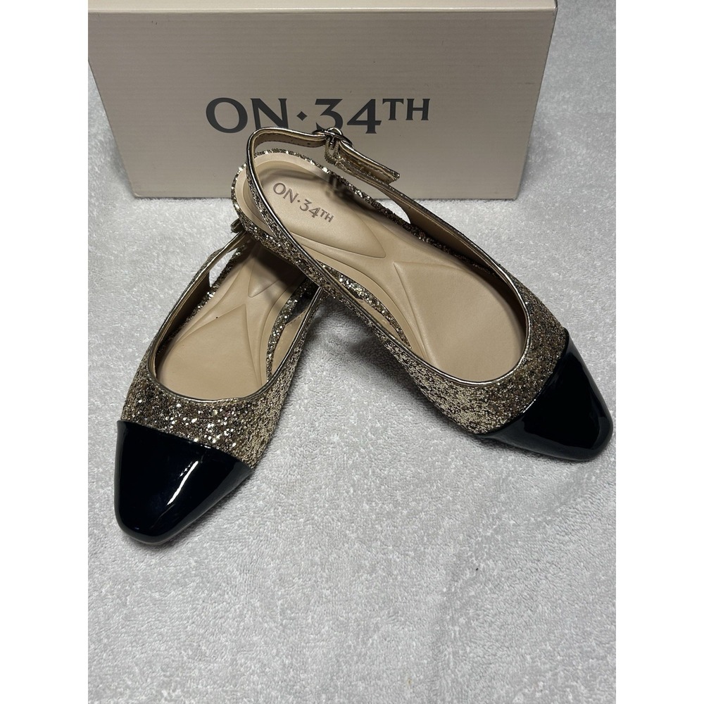 On 34th Avril Cap-Toe Slingback Flats Gold Glitter/Black Patent Women's 7.5M NIB